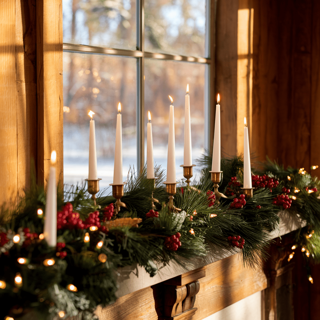 Candles in brass holders are lit on a windowsill decorated with pine garland, red berries, and string lights. Sunlight streams through the window, revealing a snowy landscape outside.