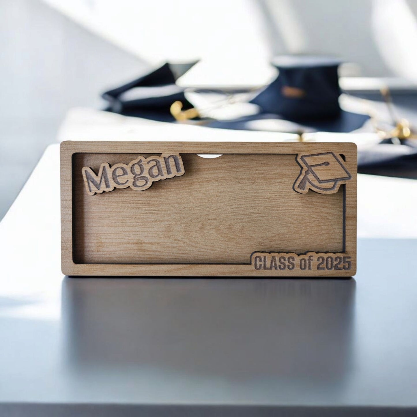 The Mirabilia Boutique Personalized Graduation Money Holder is a custom wood cash gift featuring "Megan," a graduation cap icon, and "Class of 2025"—a perfect keepsake for any grad.