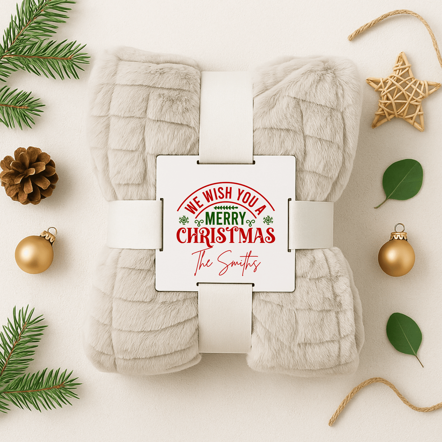 A cream custom Christmas Throw Blanket from Mirabilia Boutique, folded with a card reading “We Wish You a Merry Christmas, The Smiths,” surrounded by festive pine and ornaments—a cozy holiday gift for any home.