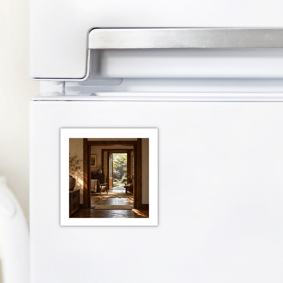 Square Between Rooms Decorative Magnet on a white refrigerator featuring a photograph of a sunlit doorway opening onto a patio.