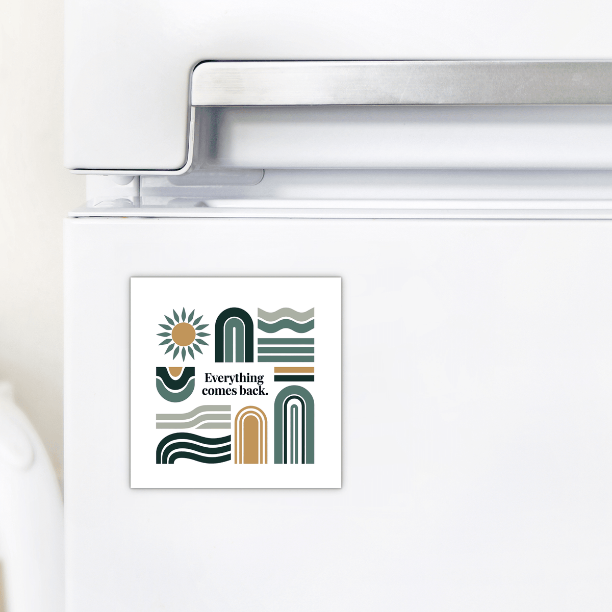 A white fridge displays Mirabilia Boutique’s "Everything Comes Back Magnet – Earth Tone Affirmation," a mid-century modern magnet featuring abstract shapes, a sun, and the text “Everything comes back”—perfect for calming, inspiring decor.