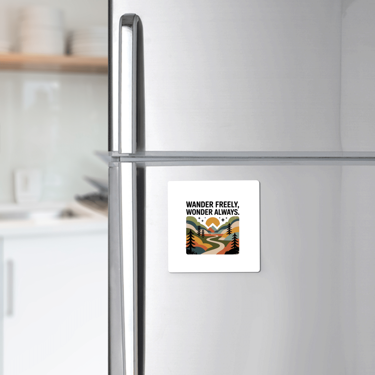 The Wander Freely Wonder Always Adventure Magnet by Mirabilia Boutique features a scenic path among trees and mountains with "Wander Freely. Wonder Always." printed above, perfect for displaying on your silver refrigerator.