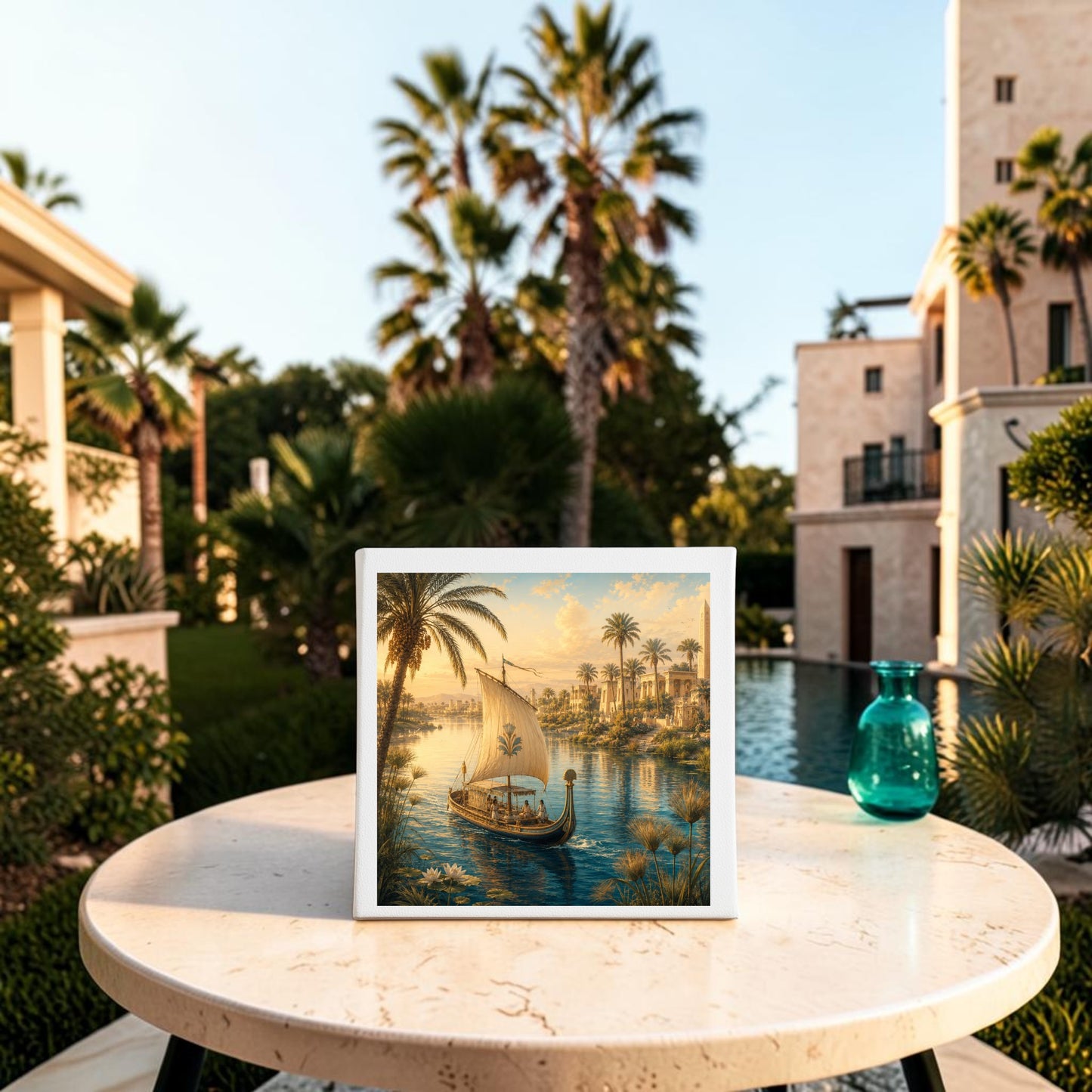 A beautifully framed “Along the Nile Ancient Egypt Canvas Art” by Mirabilia Boutique, depicting a sailboat on a palm-lined river, rests atop a round outdoor table beside the pool. Surrounded by lush tropical plants and sleek modern buildings under a radiant sky, this striking piece blends contemporary elegance with timeless echoes of ancient Egyptian waterways.