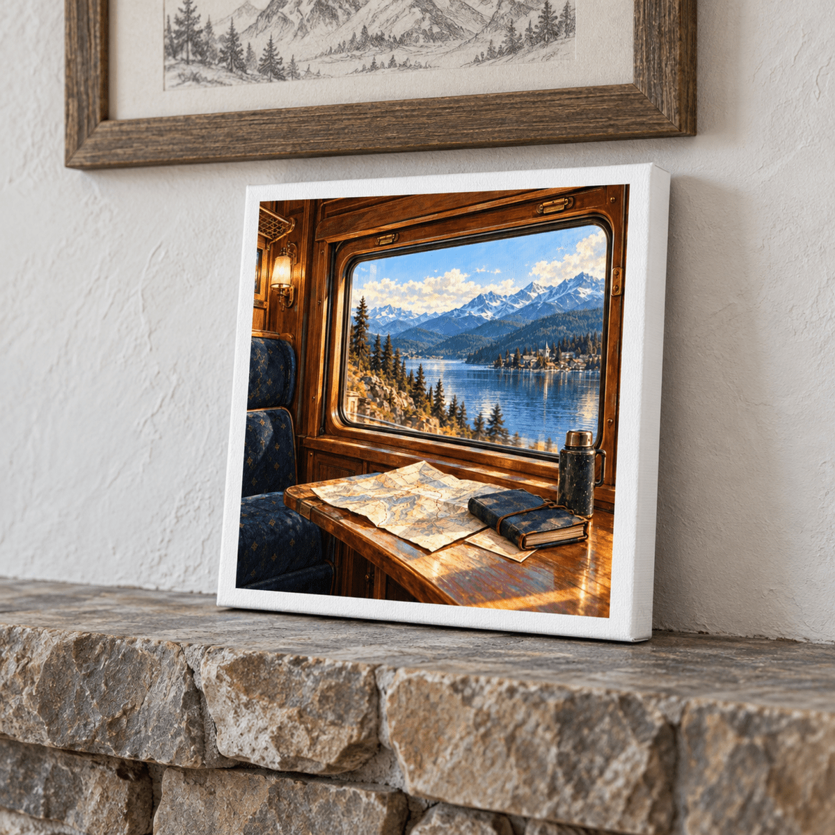 Window Seat Northbound Canvas by Mirabilia Boutique showing a mountain lake painting seen from a train window, with a map, book, and thermos resting on a table in the foreground.