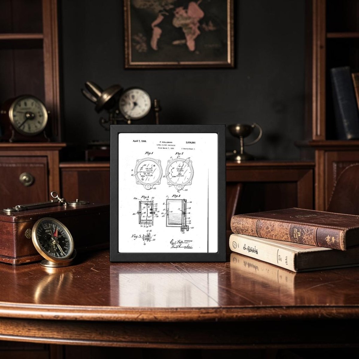 A Level Flight Indicator Patent Art Print by Mirabilia Boutique decorates a study with dark wood furniture, aviation engineering accents, a world map, vintage books, a clock, and a compass on the desk next to a tablet displaying technical drawings.