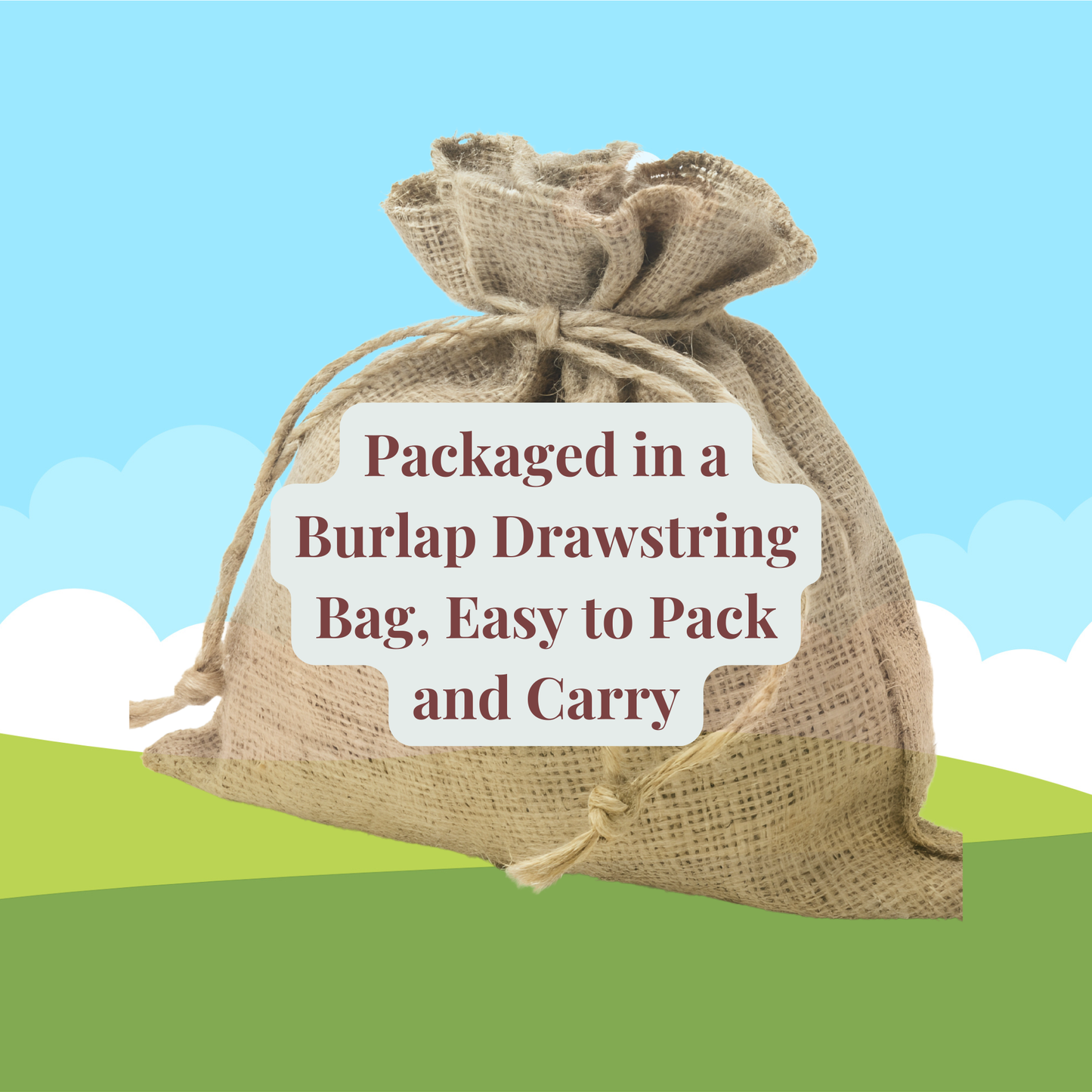 A burlap drawstring bag sits on grass with a blue sky behind it. Text reads, "Packaged in a Burlap Drawstring Bag, Easy to Pack and Carry." Mirabilia Boutique’s Farm Animal Match Game | Kids Memory Game | 15 Pairs is ideal for preschool fun.