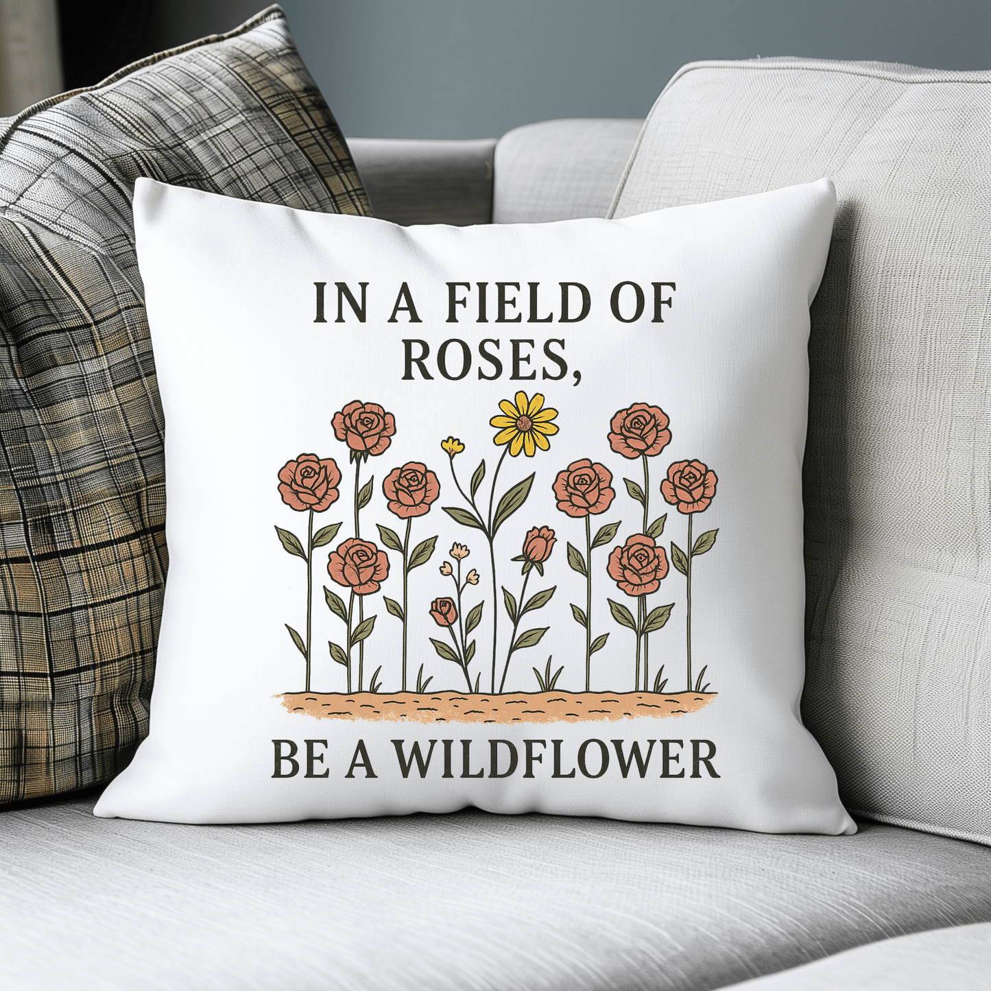The Be a Wildflower Throw Pillow by Mirabilia Boutique features roses, a yellow wildflower, and the quote "In a field of roses, be a wildflower"—a perfect boho accent for your couch.