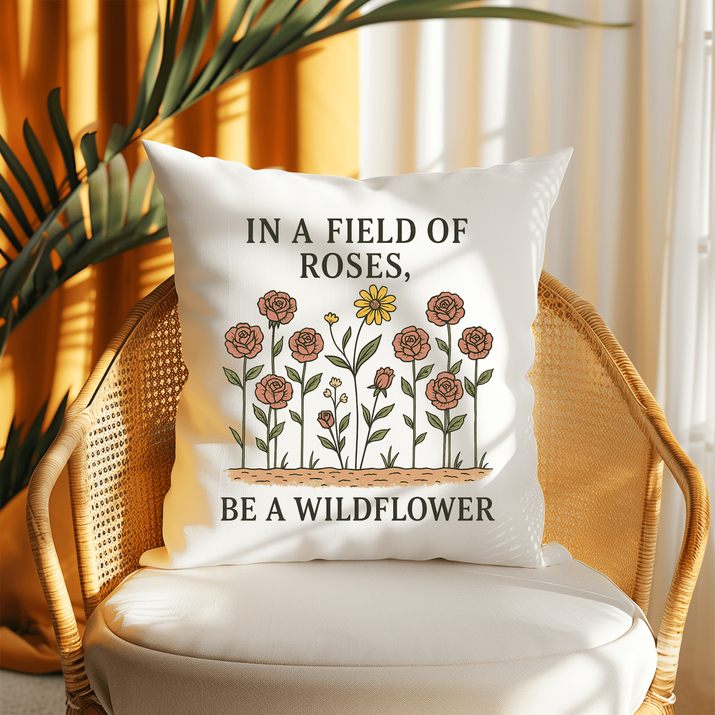 The Be a Wildflower Throw Pillow by Mirabilia Boutique features illustrated red roses, a yellow wildflower, and the quote "In a field of roses, be a wildflower," bringing charming boho and nature-inspired decor to your space.