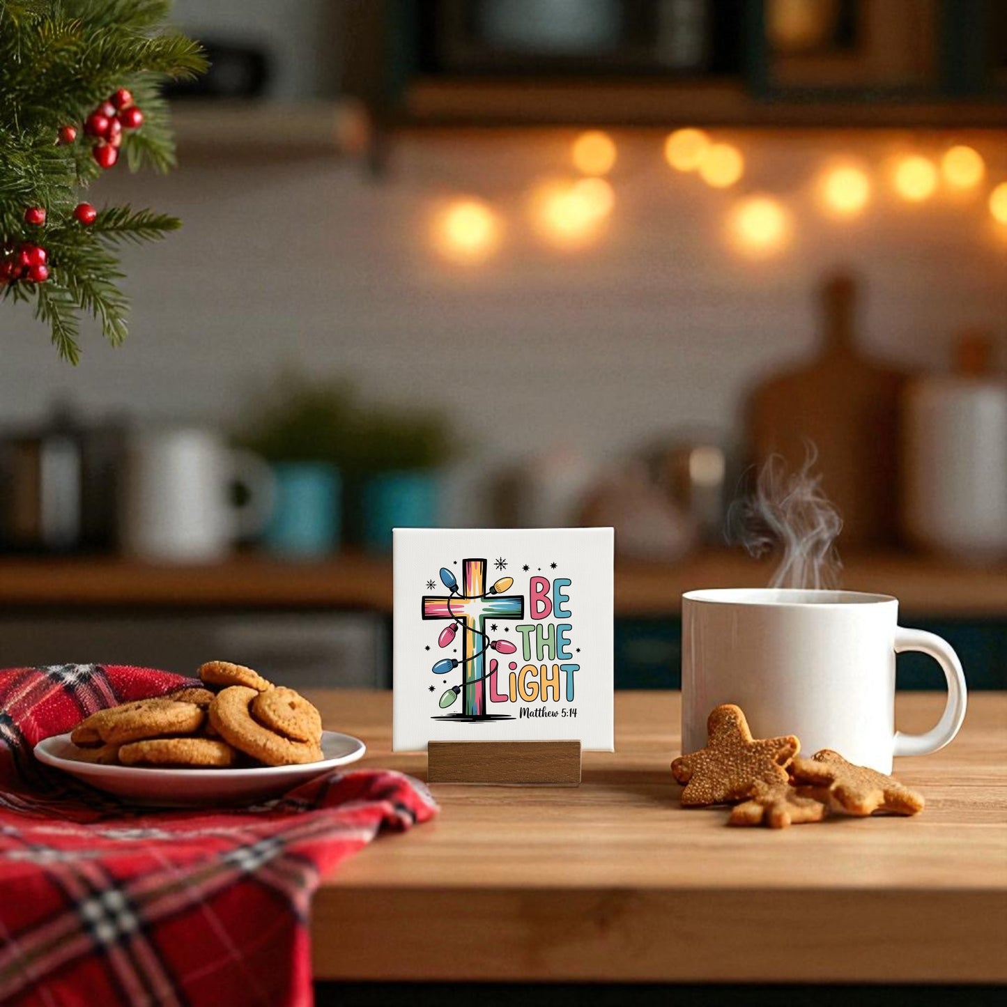 A cozy kitchen scene with a hot drink, Christmas cookies, red plaid cloth, Mirabilia Boutique's Be the Light Mini Sign | Christian Christmas Decor 4x4, an inspirational card, and warm string lights glowing in the background.