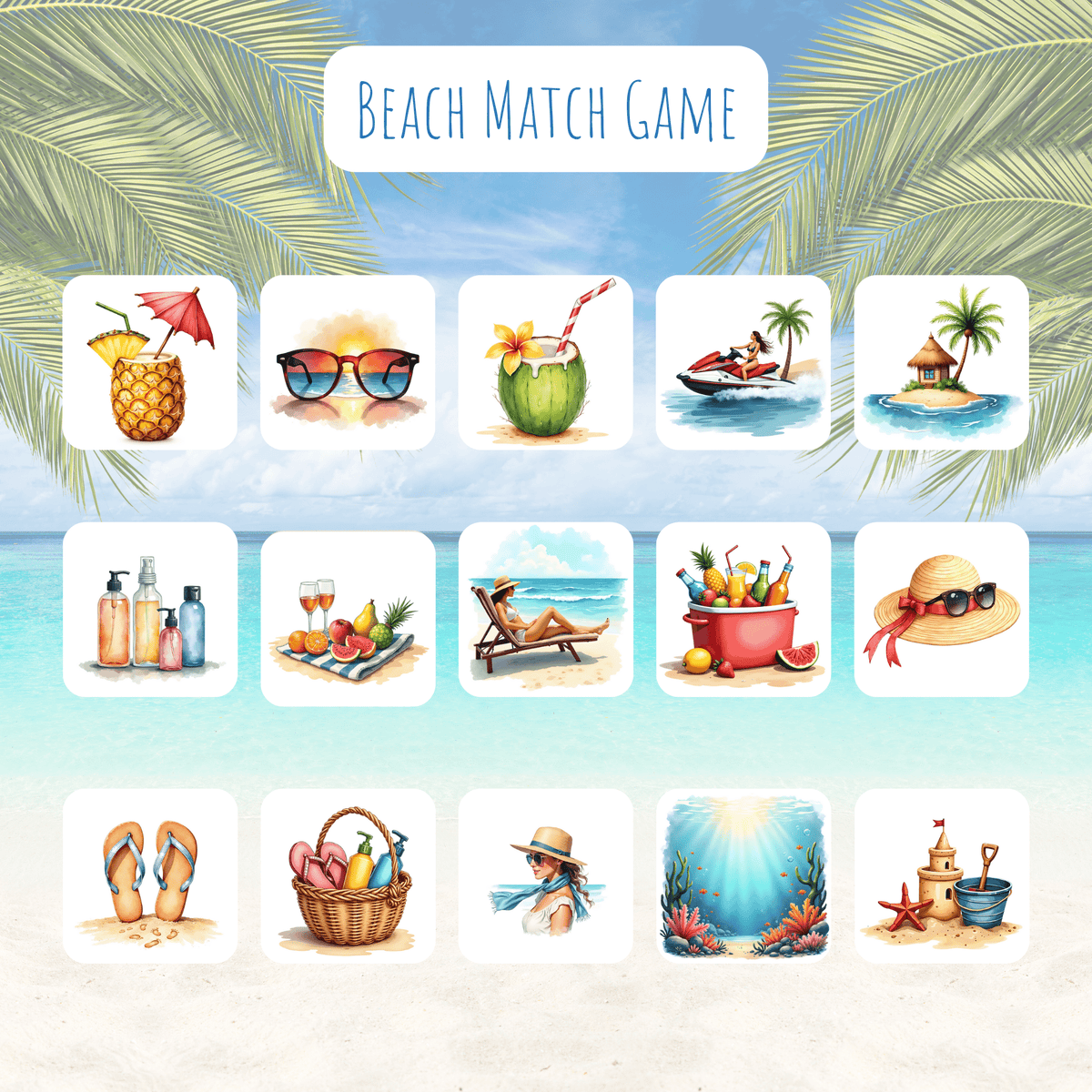 Beach Match Game | Coastal Memory Game for Kids by Mirabilia Boutique is a beach-themed memory game featuring illustrated cards like tropical drinks, sunglasses, and sunbathers—perfect for family fun!.