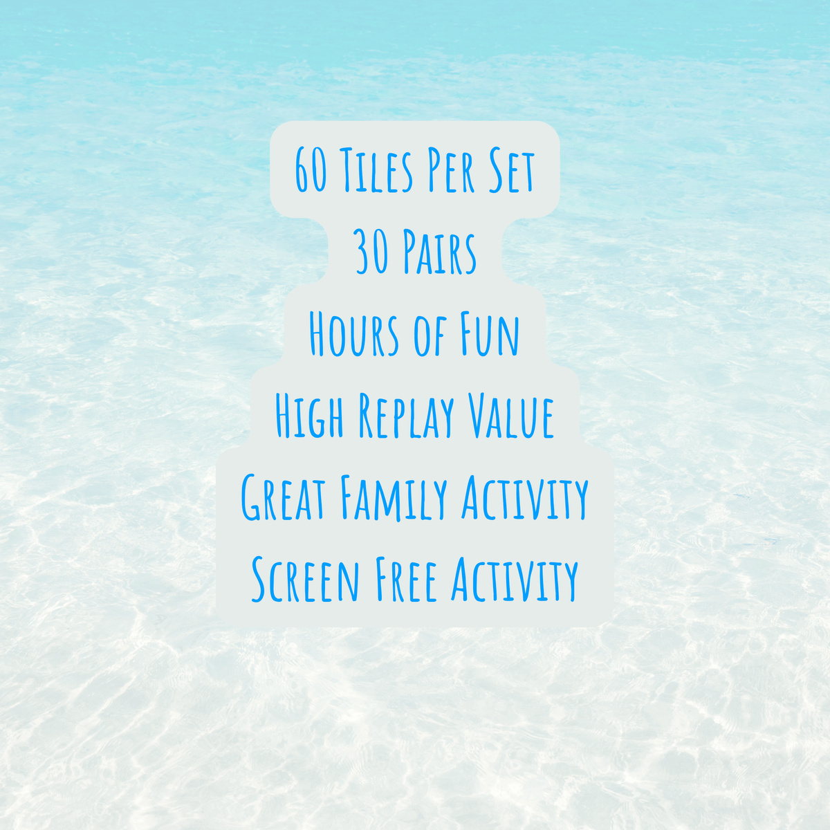 White text on a light blue water background highlights Beach Match Game by Mirabilia Boutique: 60 tiles, 30 pairs, high replay value—ideal for family game night. Enjoy this coastal, screen-free memory game as a fun activity for all ages!.