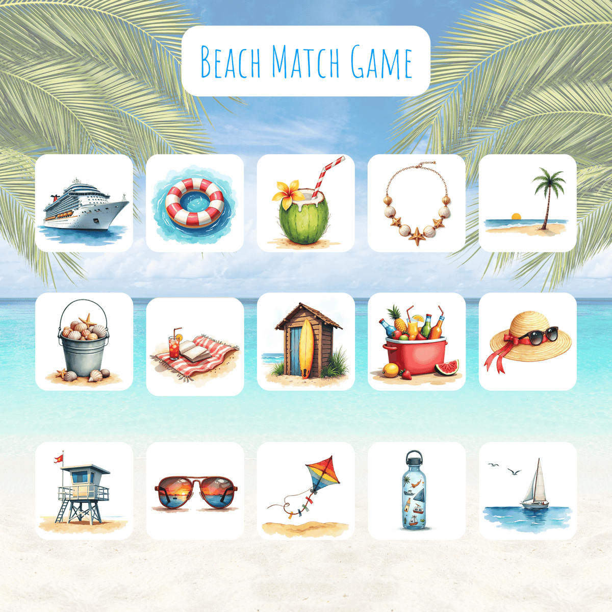 Beach Match Game | Coastal Memory Game for Kids by Mirabilia Boutique features illustrated cards like a cruise ship, lifebuoy, coconut drink, and seashell necklace—perfect for family game night and seaside fun!.