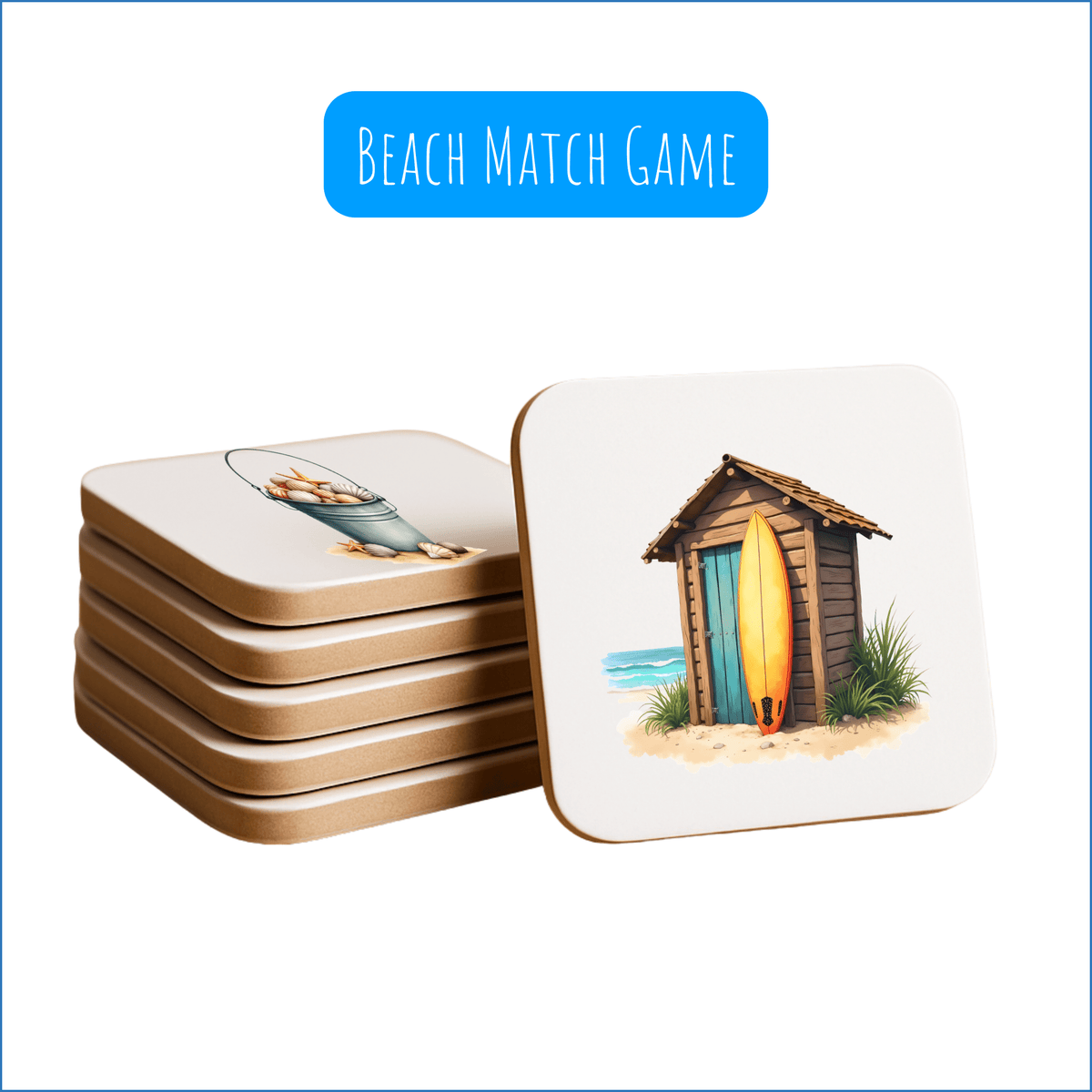 Beach Match Game | Coastal Memory Game for Kids by Mirabilia Boutique features square cards with beachy images like a surfboard by a hut and seashells—perfect for family game night and building memory skills.