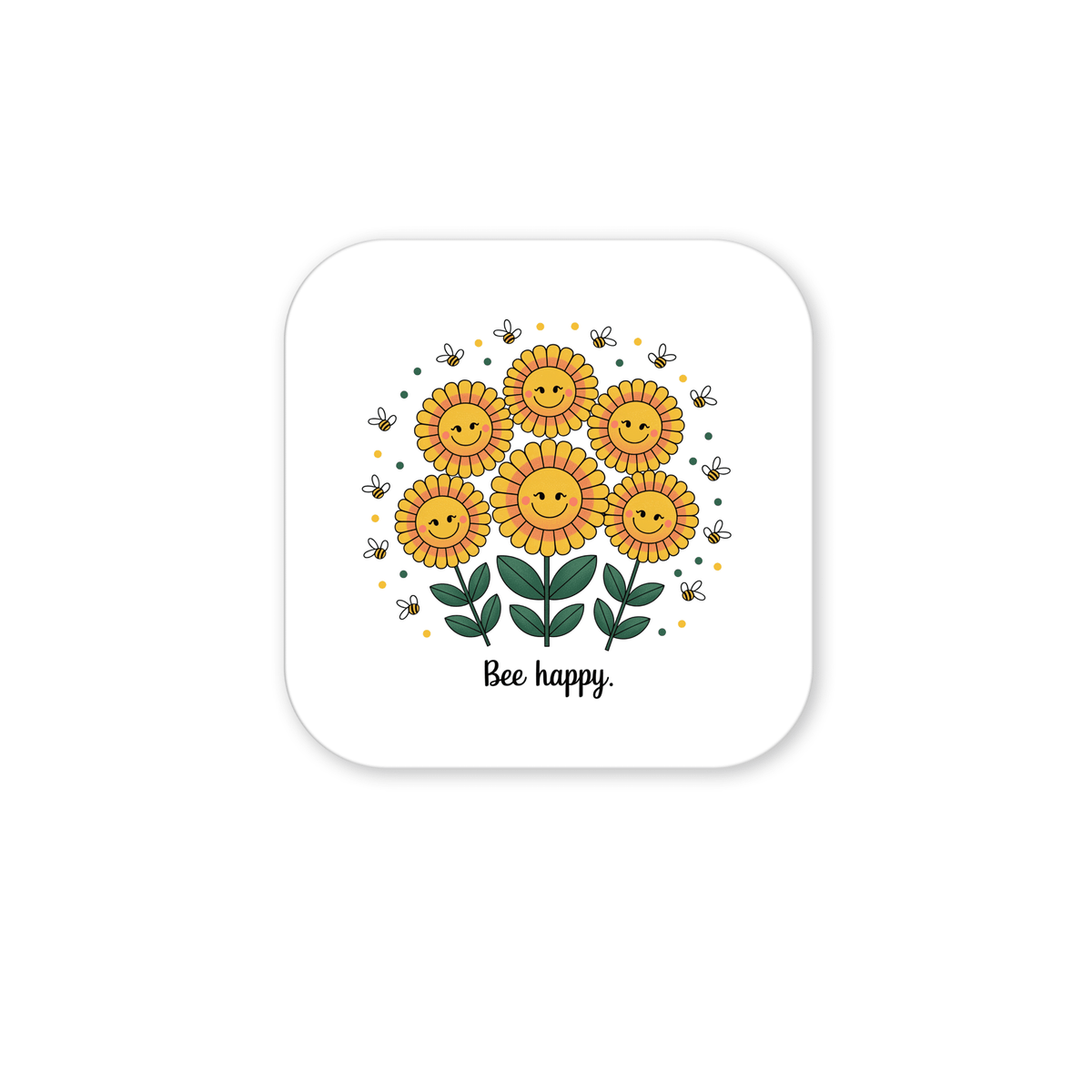 The Mirabilia Boutique Bee Happy Magnet – Cheerful Sunflowers for Daily Joy features six smiling sunflowers with bees and green leaves on a white background. The text "Bee happy" adds a delightful touch to this uplifting decorative magnet.