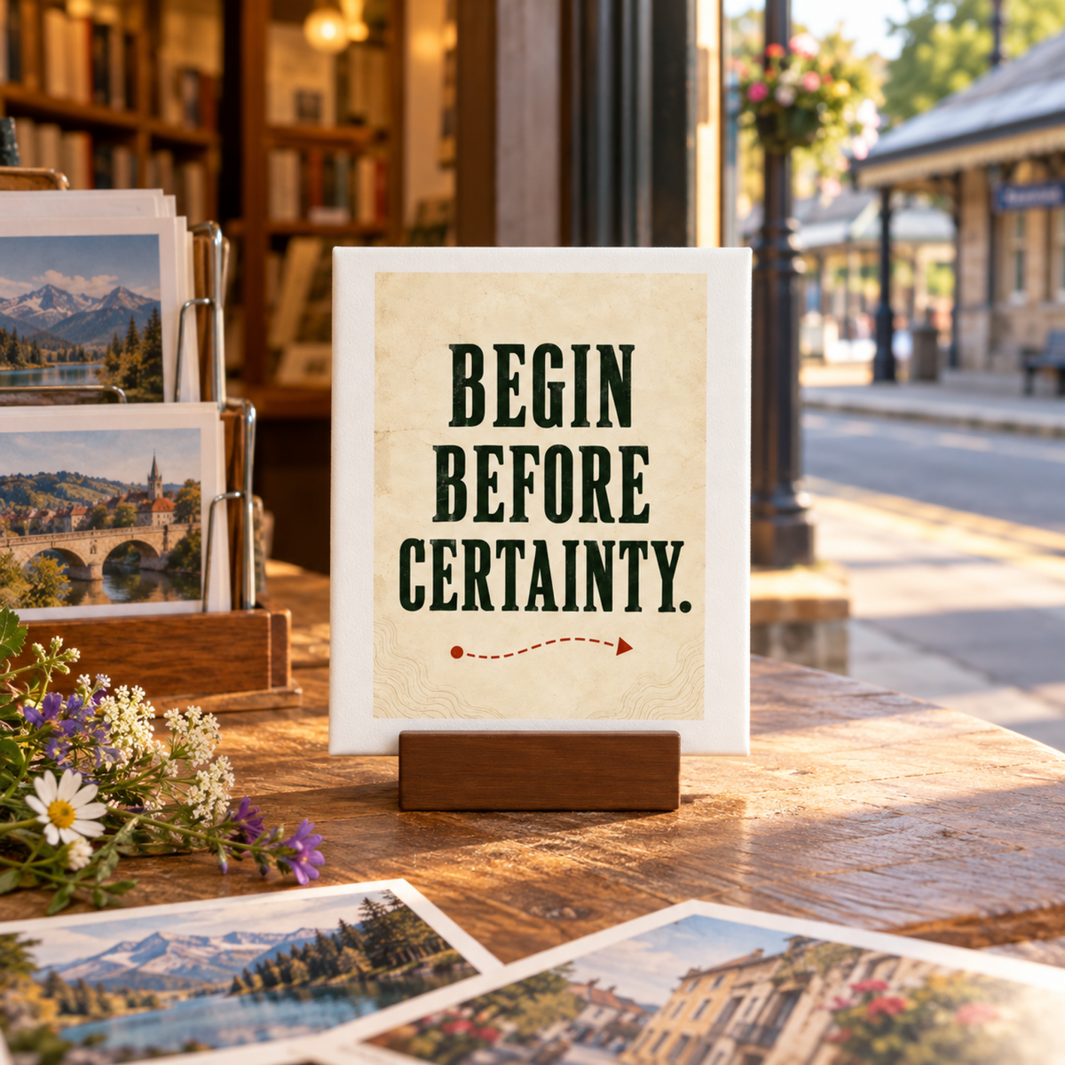 A small, rectangular Begin Before Certainty Mini Sign featuring a vintage map design on a wooden base with a dashed red line and arrow beneath the text.