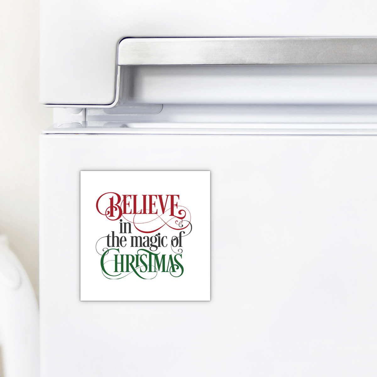 The Mirabilia Boutique "Believe in the Magic of Christmas" Magnet is a festive fridge decor piece in red and green script—perfect as a stocking stuffer or holiday gift.