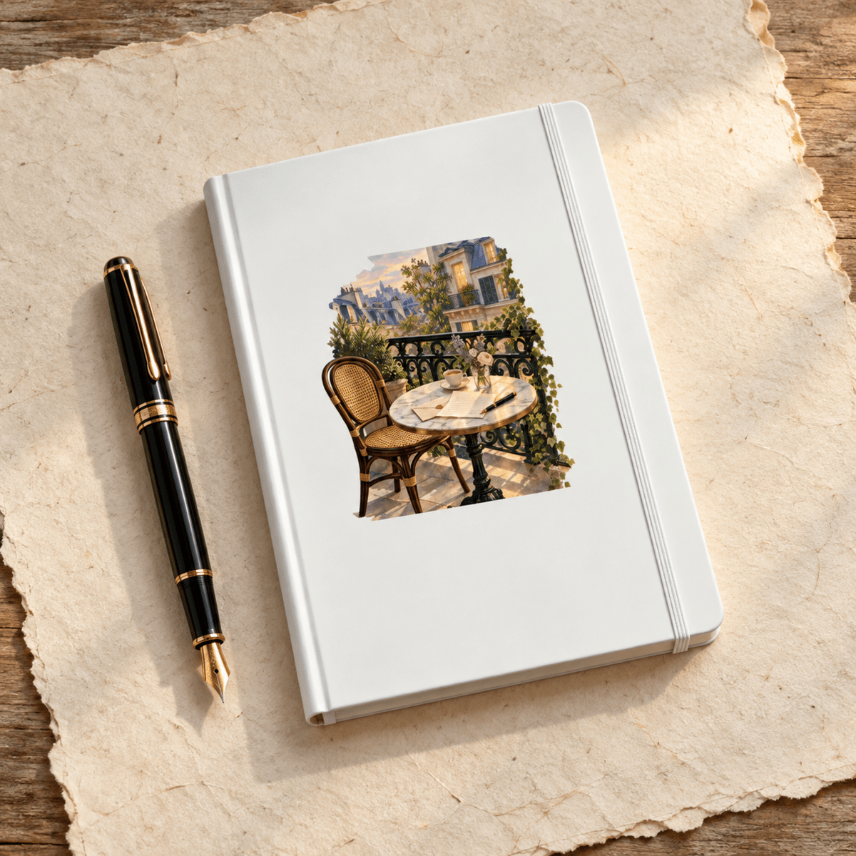 Letters from Paris A5 Journal featuring a white cover with an illustration of a Parisian balcony with a small table, chair, and flowers, accompanied by a fountain pen on a piece of parchment.
