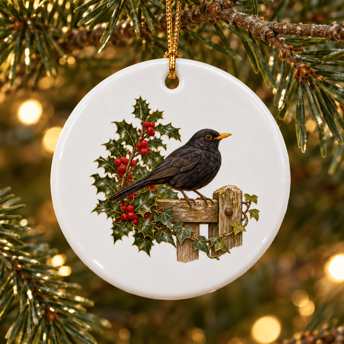 Blackbird in the Holly Ceramic Ornament featuring a blackbird perched on a wooden fence post next to a sprig of holly with red berries.