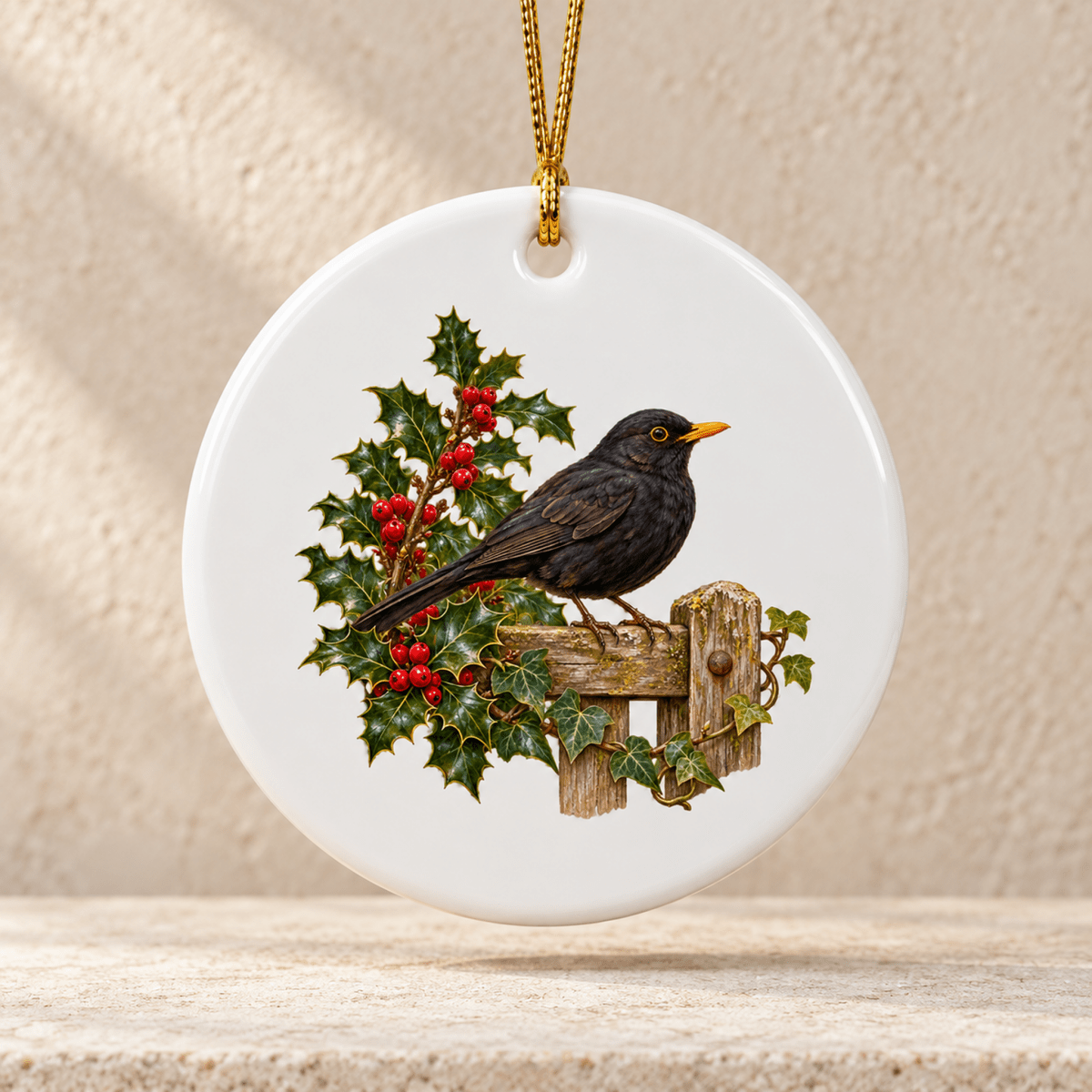 Blackbird in the Holly Ceramic Ornament featuring a blackbird perched on a wooden fence post with holly branches and berries.