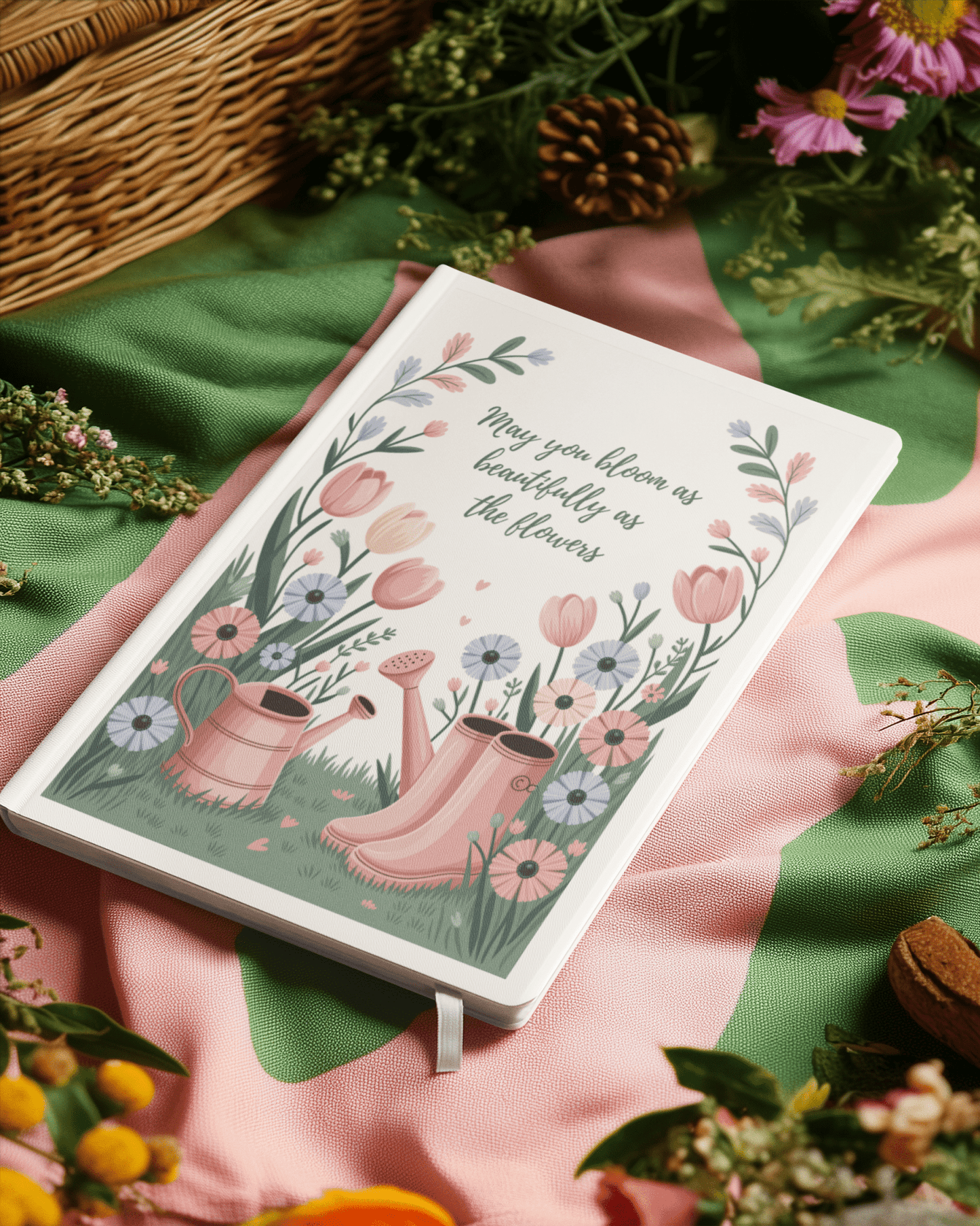 The Mirabilia Boutique Bloom Like the Flowers Journal – A5 Spring Floral Notebook features boots, a watering can, and floral art with the quote, "May you bloom as beautifully as the flowers." A perfect gift for garden lovers.