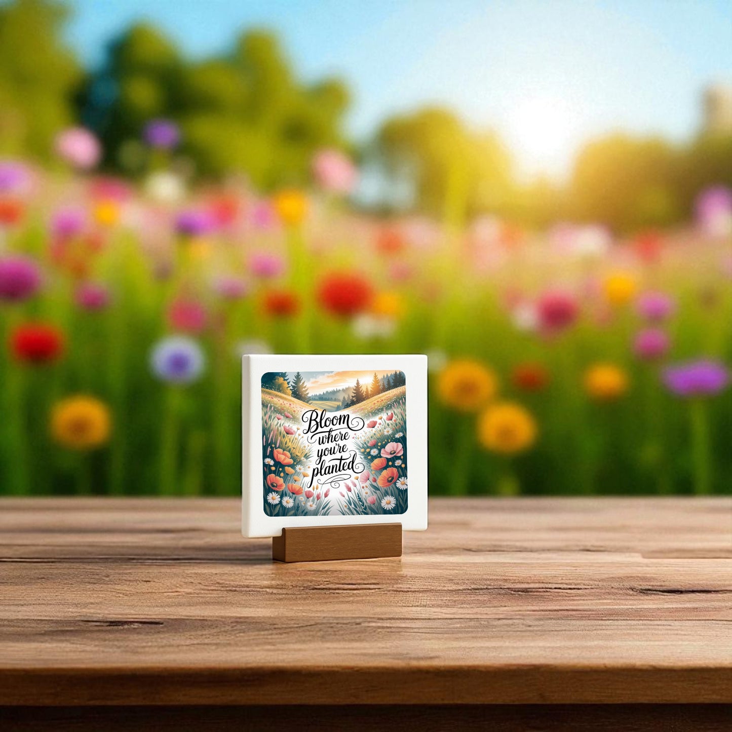 The Mirabilia Boutique “Bloom Where You’re Planted Canvas” mini wildflower art sits on a wooden table, featuring floral designs and vibrant wildflowers blurred in the sunlit background.