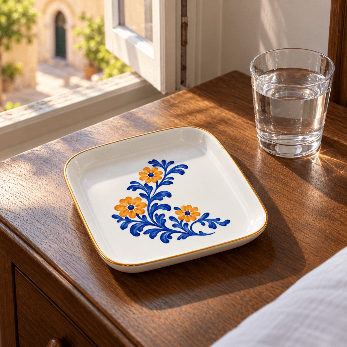Courtyard Bloom Jewelry Tray, a square ceramic tray with a gold rim and a painted blue vine design with orange flowers, sitting on a wooden table next to a glass of water.