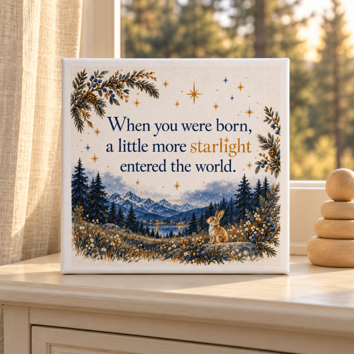 A Little More Starlight Canvas square art print featuring a rabbit in a forest landscape with the text “When you were born, a little more starlight entered the world,” designed for nursery wall decor.