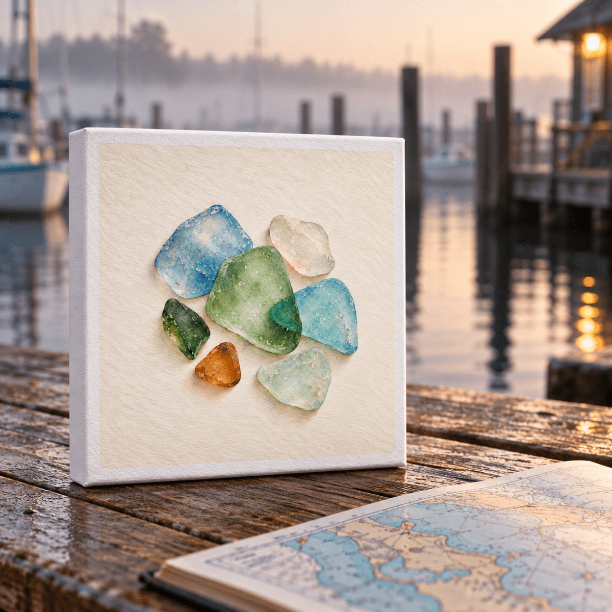 A square Colors the Tide Leaves Canvas by Mirabilia Boutique featuring colorful sea glass pieces arranged in a cluster, set on a wet wooden dock near a harbor.