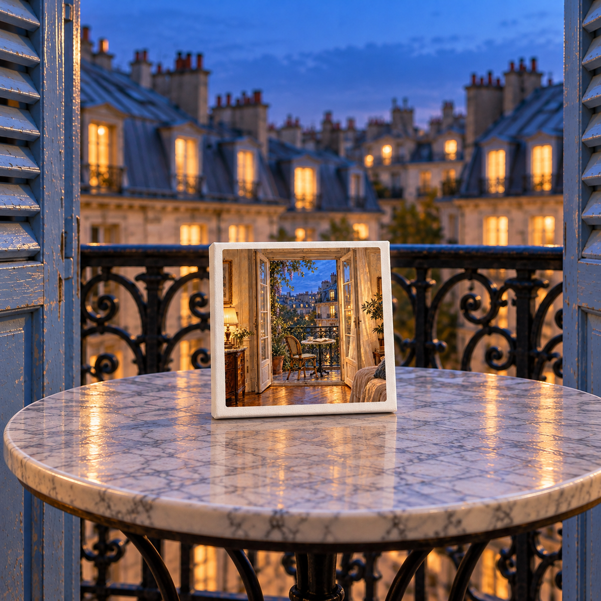 A Blue Hour on the Balcony Canvas | Paris Toujours gallery-wrapped canvas of a Parisian balcony at dusk sitting on a marble bistro table, with the actual balcony and cityscape blurred in the background.