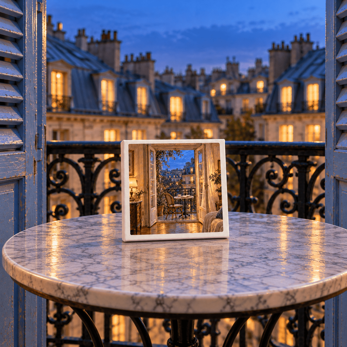 A Blue Hour on the Balcony Canvas | Paris Toujours gallery-wrapped canvas of a Parisian balcony at dusk sitting on a marble bistro table, with the actual balcony and cityscape blurred in the background.