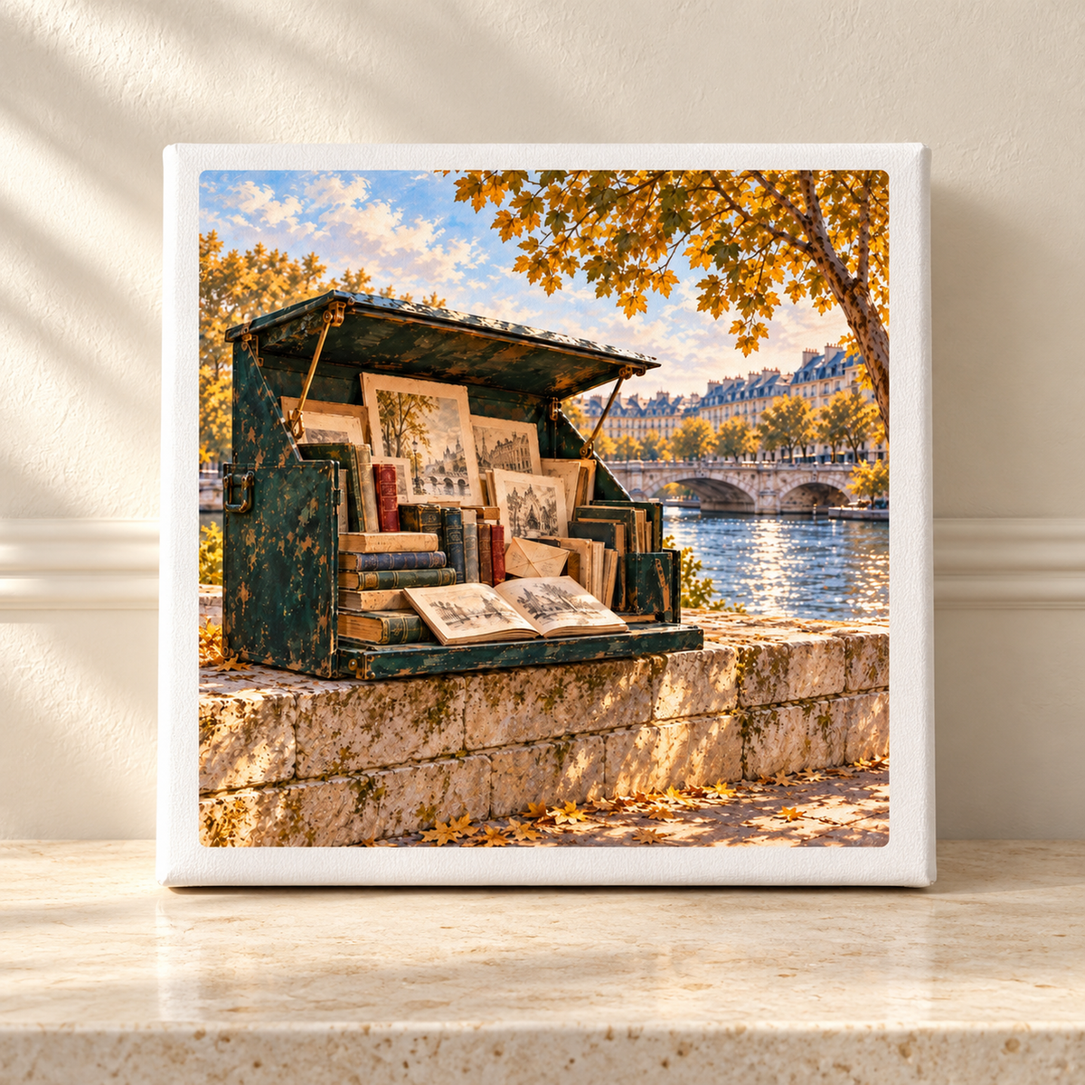 Books Beside the River Canvas | Paris Toujours featuring an open green wooden bookstall with vintage books and art prints, set along the Seine River with a bridge and autumn trees in the background.