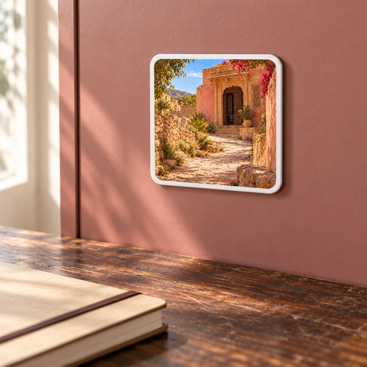 The House Ahead Magnet from the Sand & Saffron collection: a decorative hardboard magnet featuring a stone path leading toward an ancient stone doorway, mounted on a reddish-brown wall above a wooden desk.