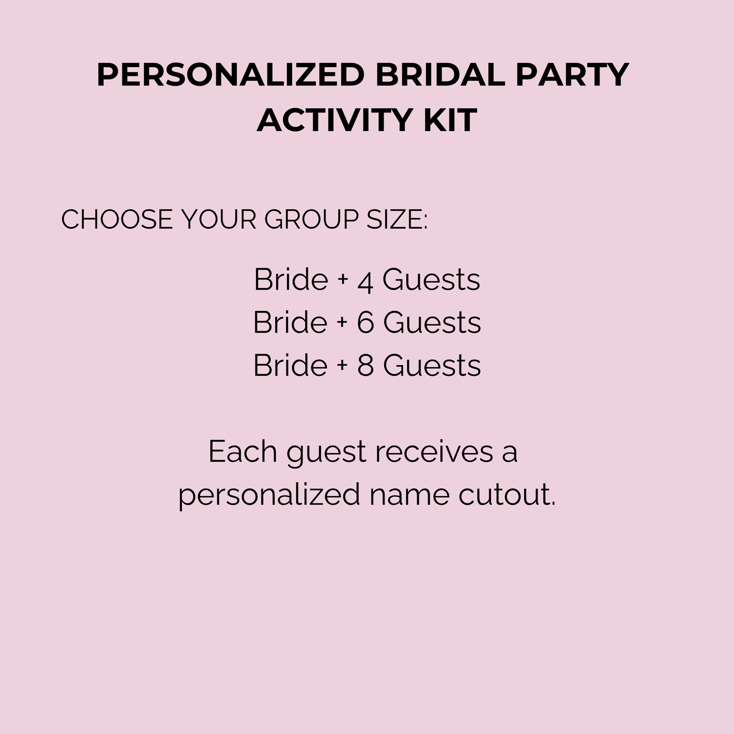 With a pink background, "Personalized Bridal Party Activity Kit" by Mirabilia Boutique is ideal for bridal showers—choose Bride + 4, 6, or 8 guests. Each guest gets a custom name cutout.