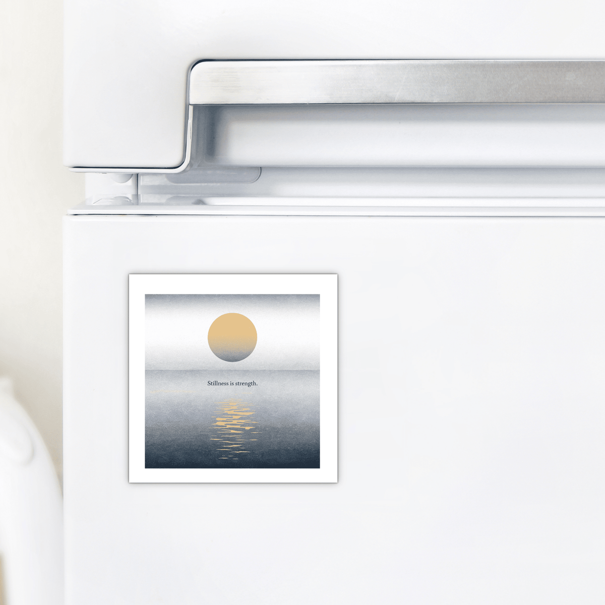 The Stillness Is Strength Magnet – Calm Minimalist Decor by Mirabilia Boutique features a serene sun-over-water design and the phrase “Stillness is strength,” making it a mindful, calming gift or accent for any space.
