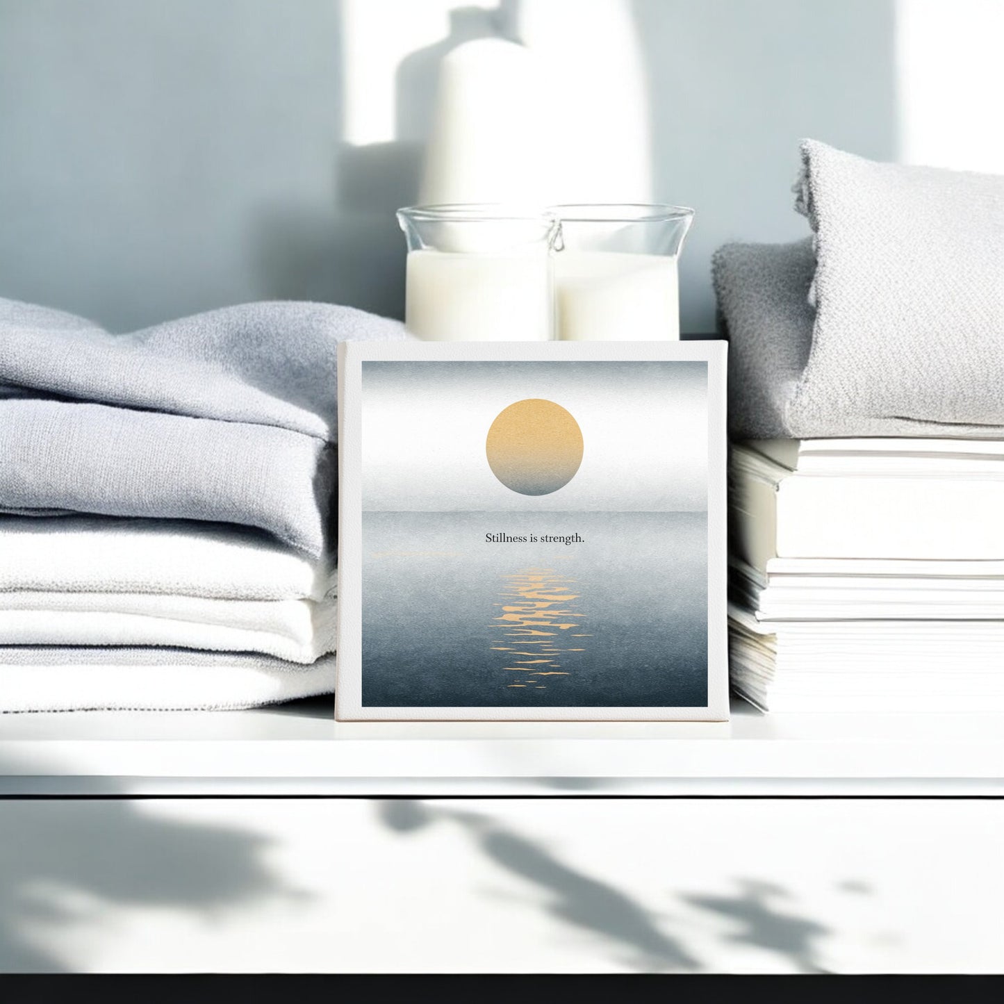 The Mirabilia Boutique "Stillness Is Strength Canvas – Minimalist Calm Wall Art" features a golden sun over tranquil water with its inspiring phrase, ideal meditation decor for peaceful spaces.