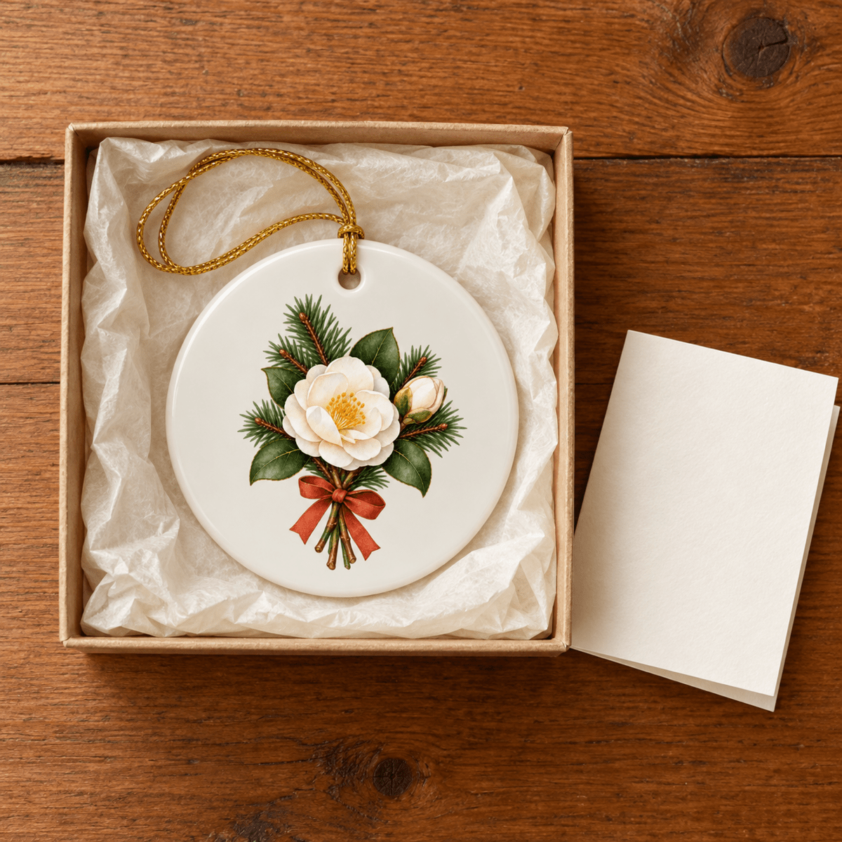 A Winter Offering Camellia Ornament by Mirabilia Boutique, a round white ceramic Christmas ornament featuring a painting of a camellia bouquet and a gold hanging cord, packaged in a gift box with a blank note card.
