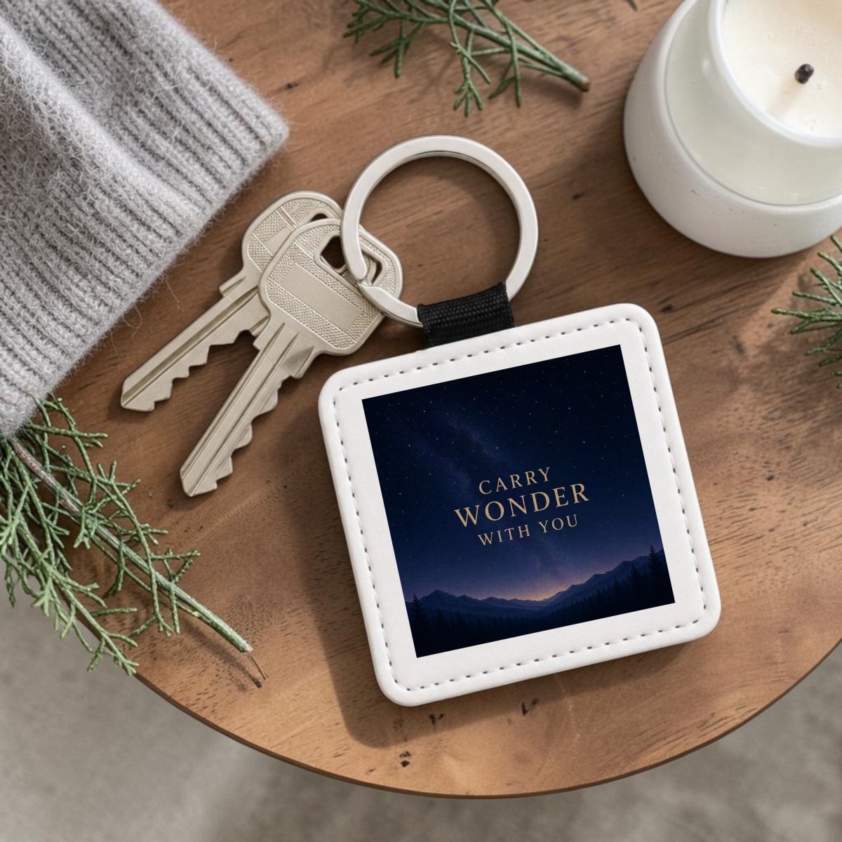 A set of keys rests on a wooden table, adorned with the Carry Wonder Celestial Keychain from Mirabilia Boutique’s Star & Solstice Collection. Featuring the inspiring message “CARRY WONDER WITH YOU” over a night sky and mountain motif, this enchanting accessory is surrounded by a cozy knit hat, fresh greenery, and a glowing white candle—creating an inviting scene that adds magic to your everyday essentials.