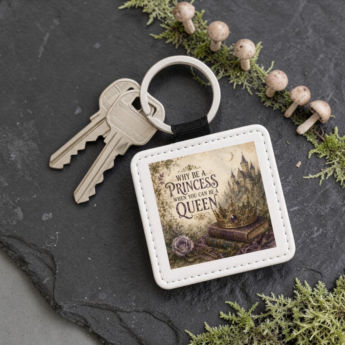 Introducing the "Why Be a Princess When You Can Be a Queen Keychain" by Mirabilia Boutique—a whimsical PU leather keychain adorned with two keys, charming moss, tiny mushrooms, and an enchanting castle illustration. This fairytale design showcases the empowering queen quote: “Why be a princess when you can be a queen.”.