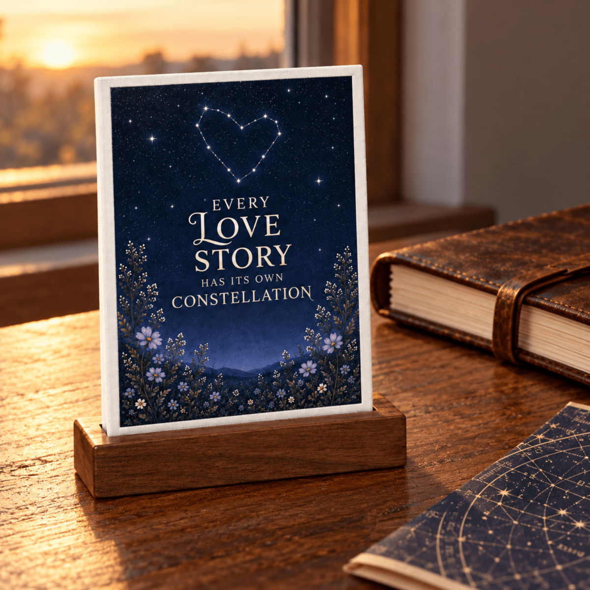 Every Love Story Constellation Mini Sign in a wooden stand, featuring a heart-shaped star formation and floral illustration above the text “Every love story has its own constellation.”