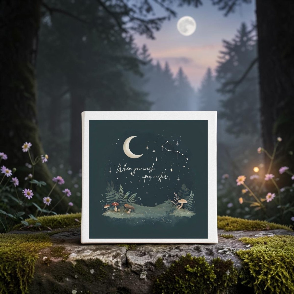 The "When You Wish Upon a Star Woodland Canvas" by Mirabilia Boutique features a square design adorned with a crescent moon, stars, and the phrase “When you wish upon a star,” set atop a mossy rock in a twilight forest surrounded by flowers and trees beneath a glowing full moon—an enchanting choice for moon and stars decor or as woodland nursery wall art.