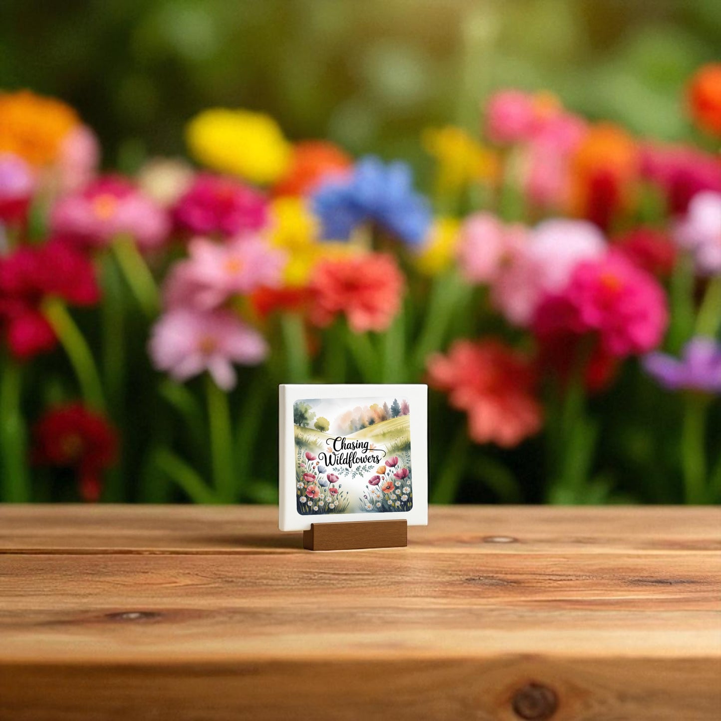 The Chasing Wildflowers Mini Sign by Mirabilia Boutique features delicate floral artwork and the phrase "Chasing Wildflowers," displayed on a wooden surface with a blurred, vibrant meadow backdrop—an ideal meadowcore-inspired decor gift.
