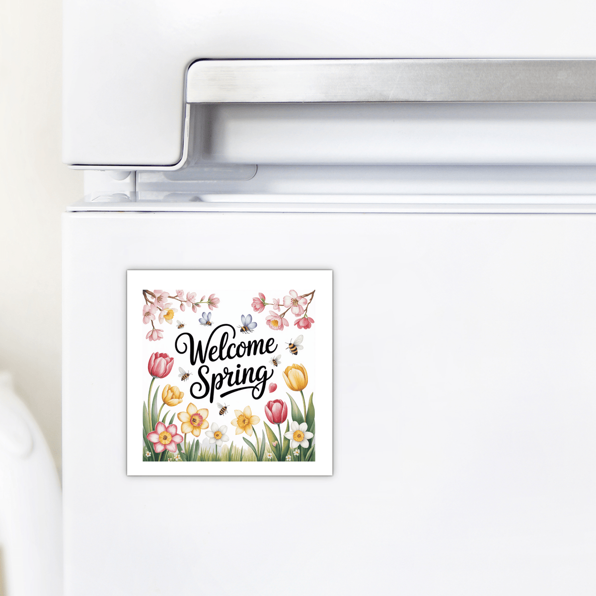 Brighten your fridge with the Welcome Spring Magnet – Floral Garden and Bees by Mirabilia Boutique, featuring vibrant flowers and bees—a delightful seasonal magnet and perfect spring gift.