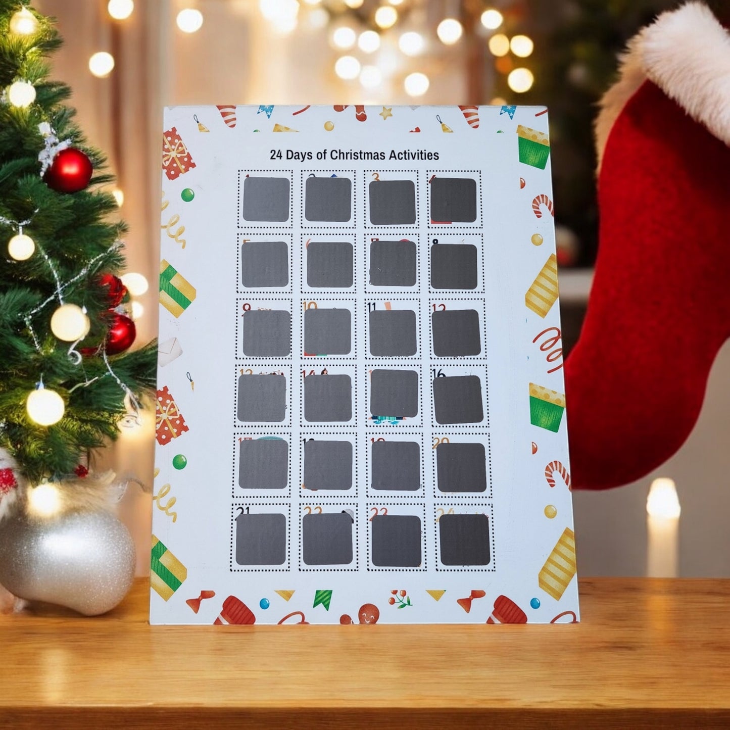 The 24 Days of Christmas Activities Scratch Off Calendar by Mirabilia Boutique promises festive fun with its 24 scratch-off squares, artistically nestled among ornaments and candy canes. Ideally positioned next to a lit tree and hanging red stocking, this delightful holiday décor creates a joyful seasonal atmosphere.