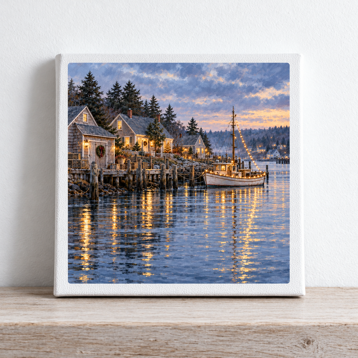 Christmas Along the Harbor Canvas shows a square gallery-wrapped coastal harbor at twilight, featuring a fishing boat and shoreline cottages decorated with Christmas lights reflecting on the water.
