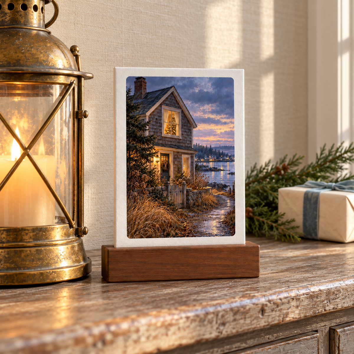 A Tree in the Upstairs Window Mini Sign by Mirabilia Boutique, a rectangular mini canvas on a wooden stand depicting a coastal Christmas cottage by the water at sunset, displayed on a shelf next to a lantern and a gift.