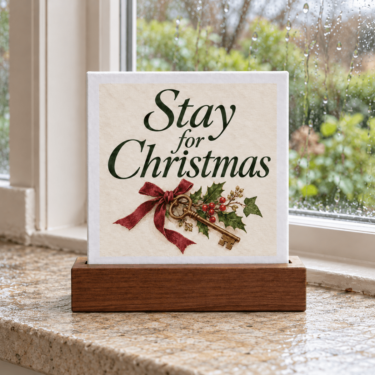 Stay for Christmas Mini Sign by Mirabilia Boutique, a small square sign featuring an old key, holly, and red ribbon, standing in a wooden base on a windowsill as holiday decor.