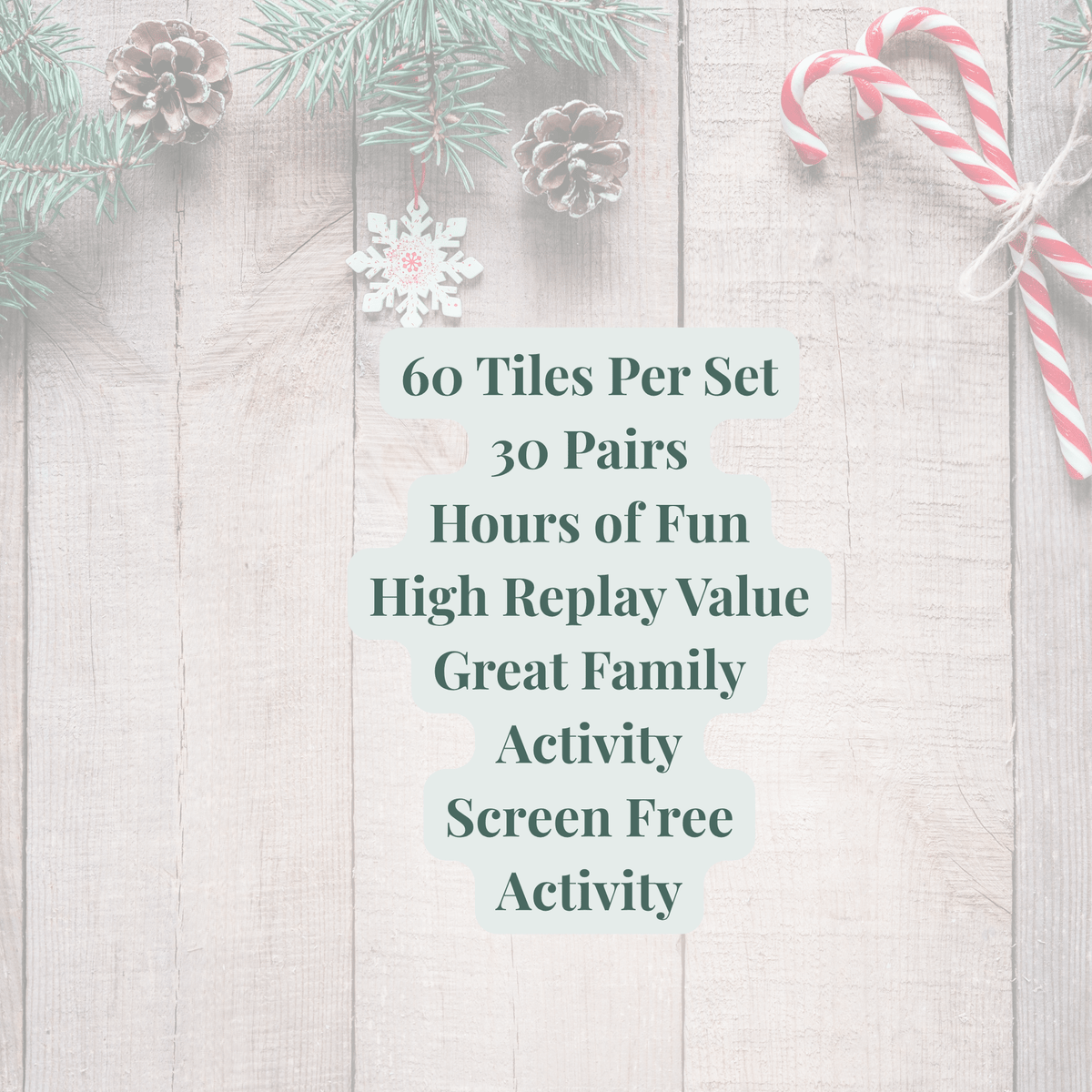 Festive wooden background with pine branches, pinecones, snowflake, and candy canes. Text: "Mirabilia Boutique Christmas Memory Match Game—60 tiles (30 pairs)! Fun holiday tile game with high replay value.