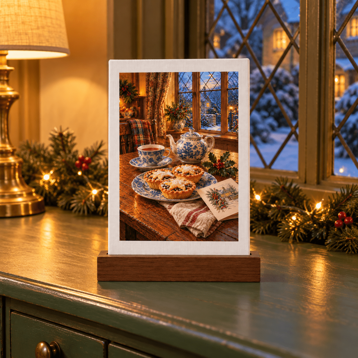 A One More Mince Pie Mini Sign in a wooden stand depicts a table set with mince pies and a teapot in front of a snowy window.