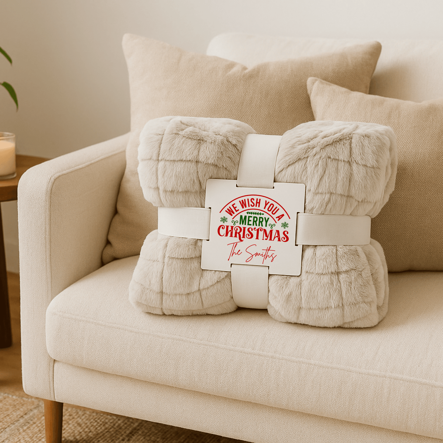 A cozy beige couch with two neutral pillows displays the Custom Christmas Throw Blanket by Mirabilia Boutique, wrapped in a "We wish you a Merry Christmas – The Smiths" label. A candle and plant are seen in the background.