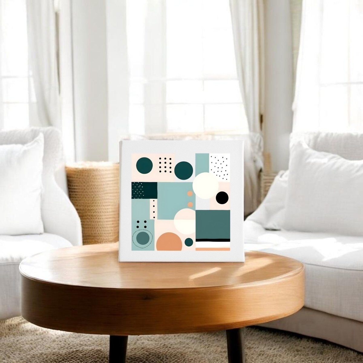 The Coastal Geometry Mid Century Modern Canvas by Mirabilia Boutique with pastel tones rests on a round wooden coffee table between two white armchairs in a sunlit living room.
